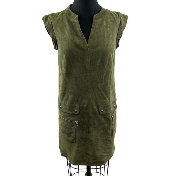 Cynthia Steffe Olive Green Suede Leather Dress Split Neck Sleeveless Pockets 2 - Picture 1 of 10